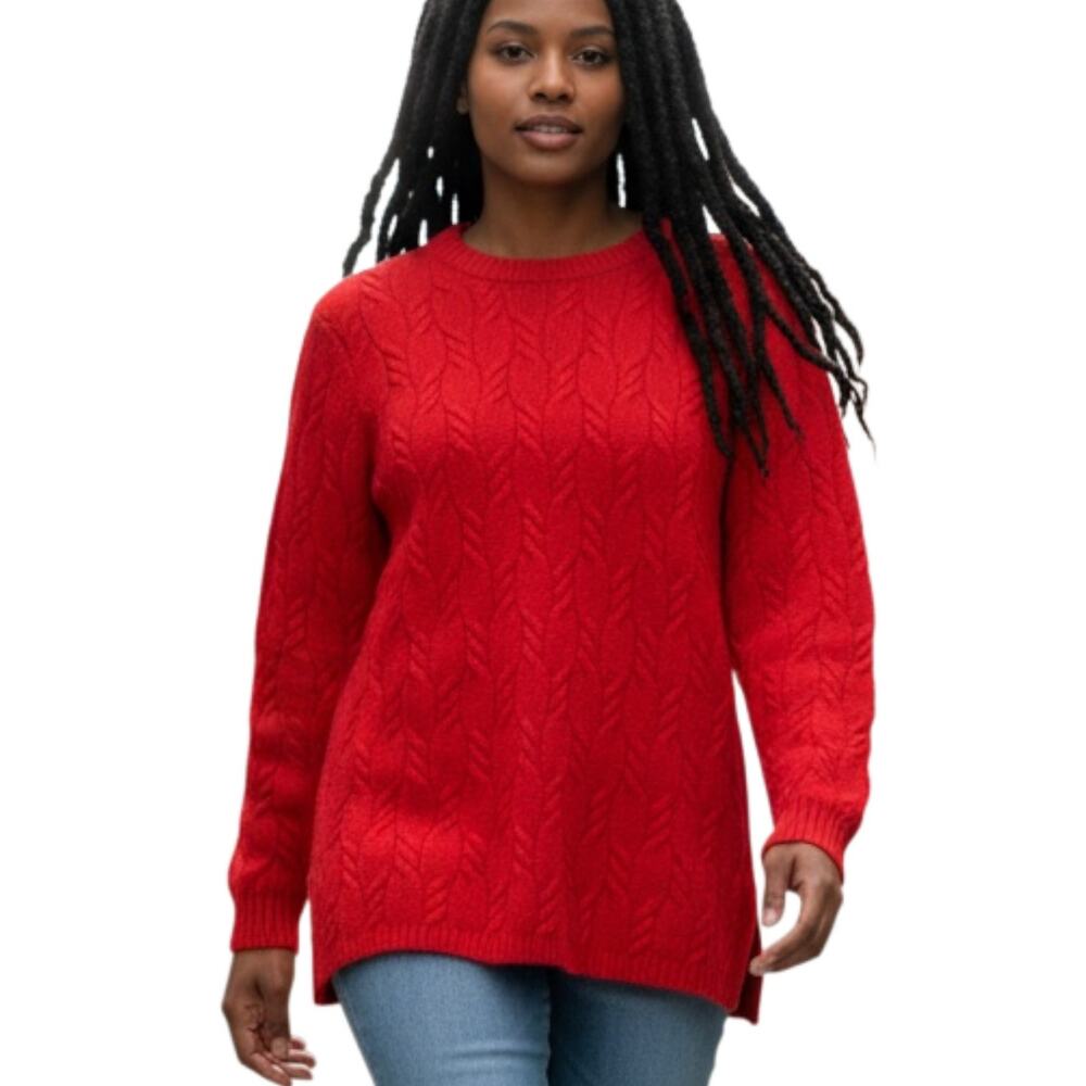 Precious Fibers Women's Cashmere Cable Knit CrewNeck Carnelian Red Small